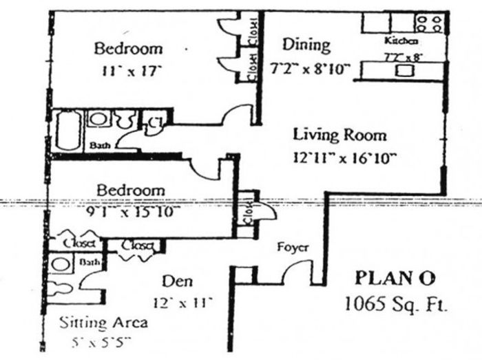 Plan O: 2 bed, 1 bath