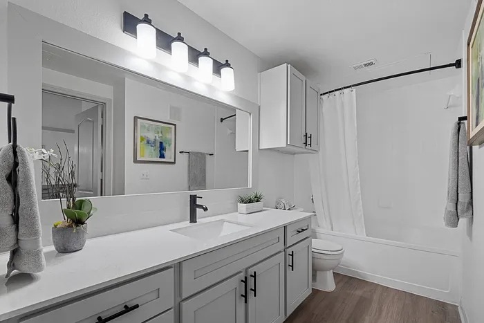 Model bathroom with white counters, white cabinets, large mirror and medicine cabinet