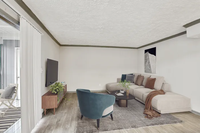 Virtual staging of living room with hardwood floors