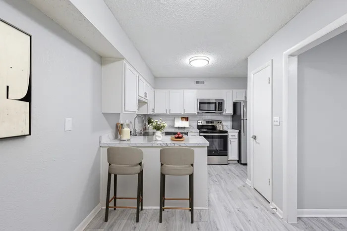 Vinyl floors, stainless-steel appliances, white quartz countertop with kitchen bar