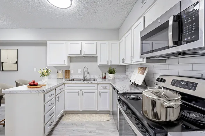 Vinyl floors, stainless-steel appliances, white quartz countertop