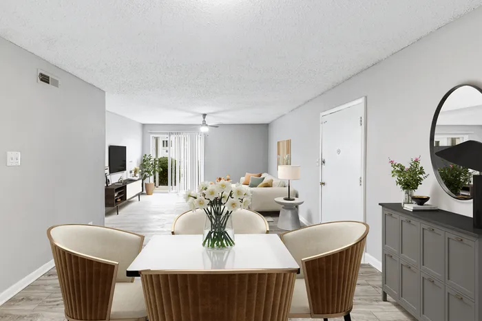 Dining table and chairs with flowers