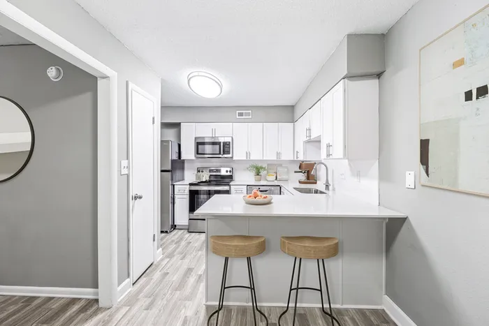 Vinyl floors, stainless-steel appliances, white quartz countertop and kitchen bar