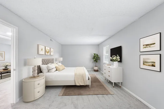 Bed, dresser, side table and TV