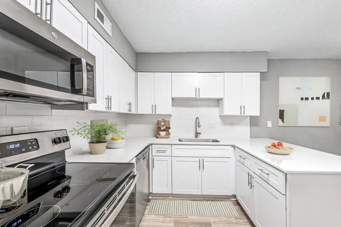 Vinyl floors, stainless-steel appliances, white quartz countertop