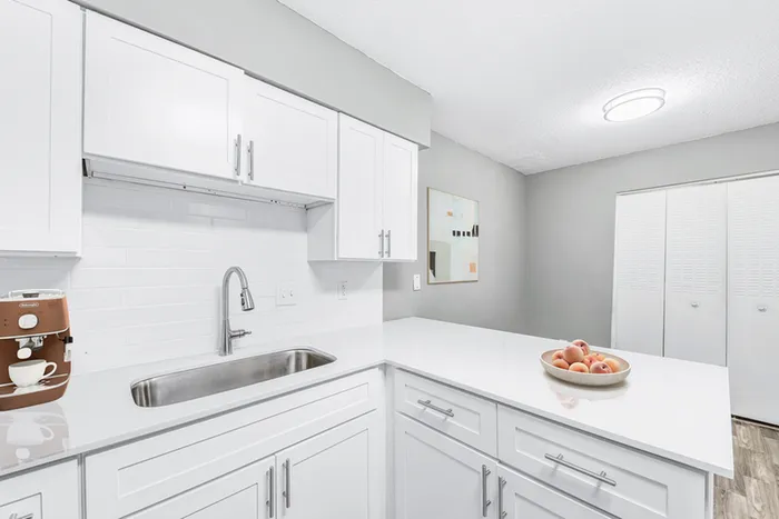 White quartz countertops, sink and white cabinets