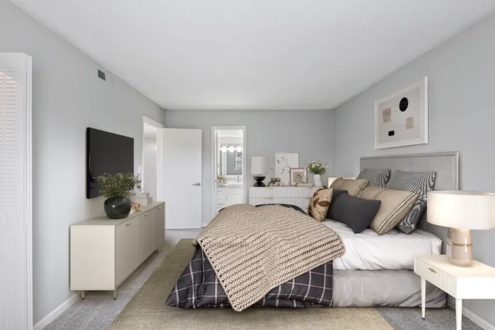 Bed, dresser and TV