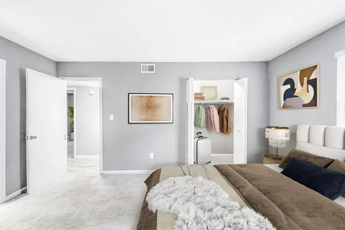 Bed, side table and lamp, and closet
