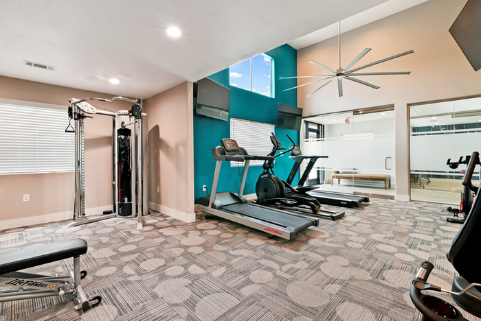 Fitness center with cardio equipment, TV, and ceiling fan