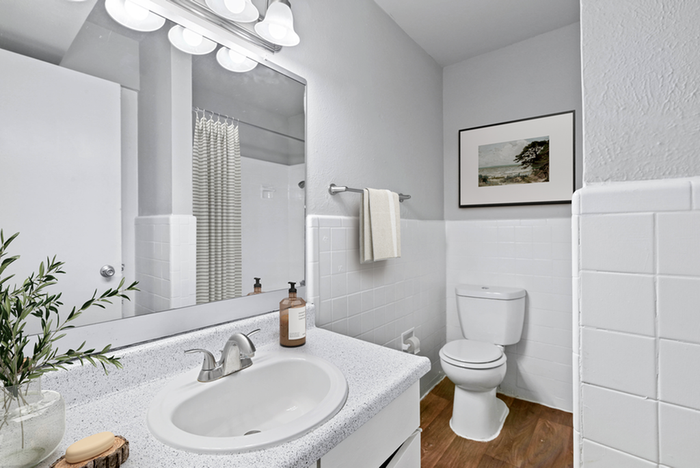 Bathroom, wooded floor, vanity lighting