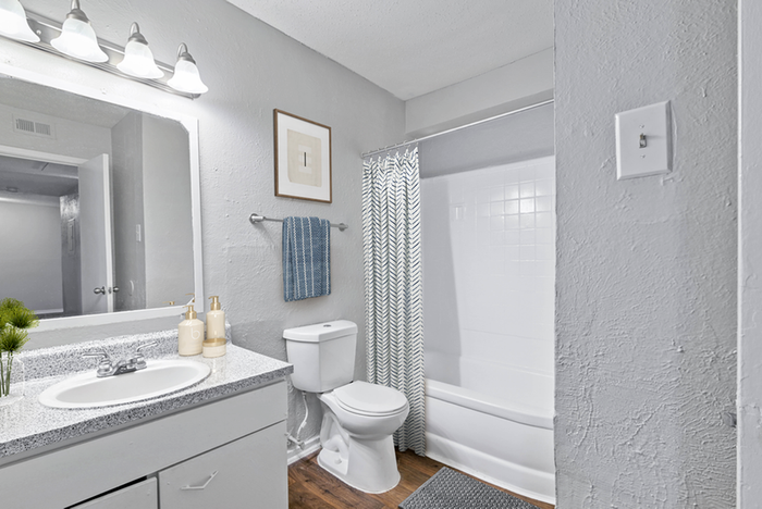 Bathroom with granite counter top, vanity lighting, toilet, bath tub