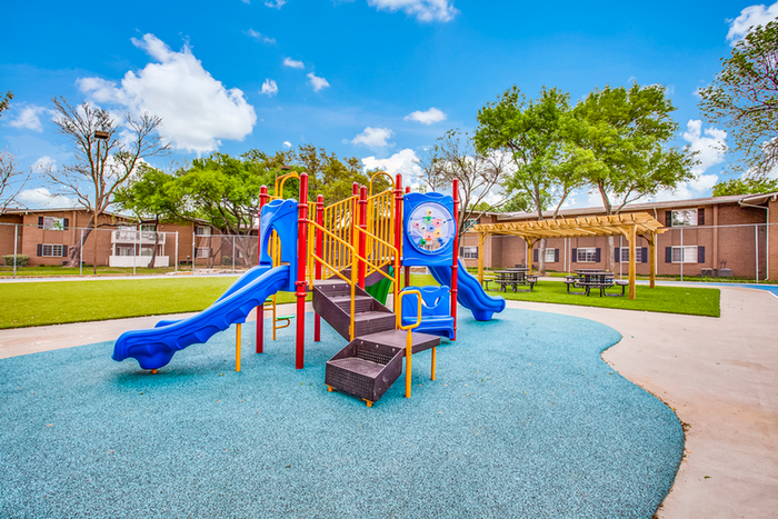 Exterior playground with two slides