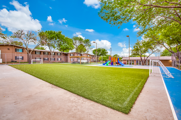 Soccer field and goal, playground