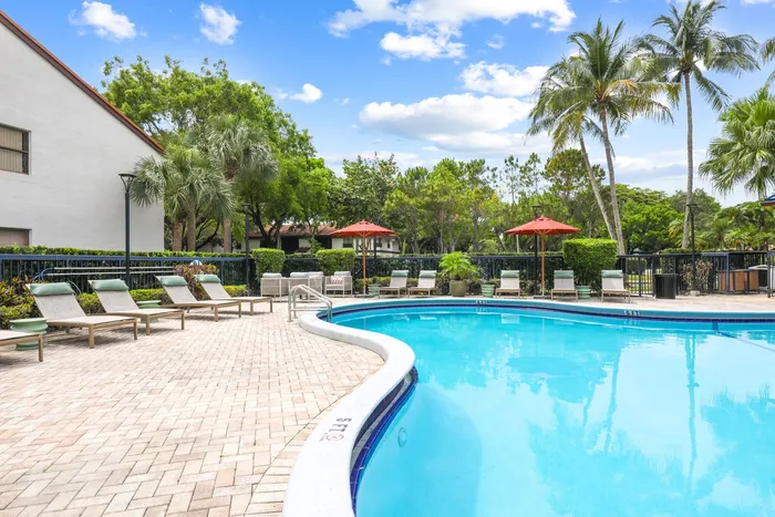 Pool with lounge chairs on sundeck umbrellas and palm trees with native landscaping
