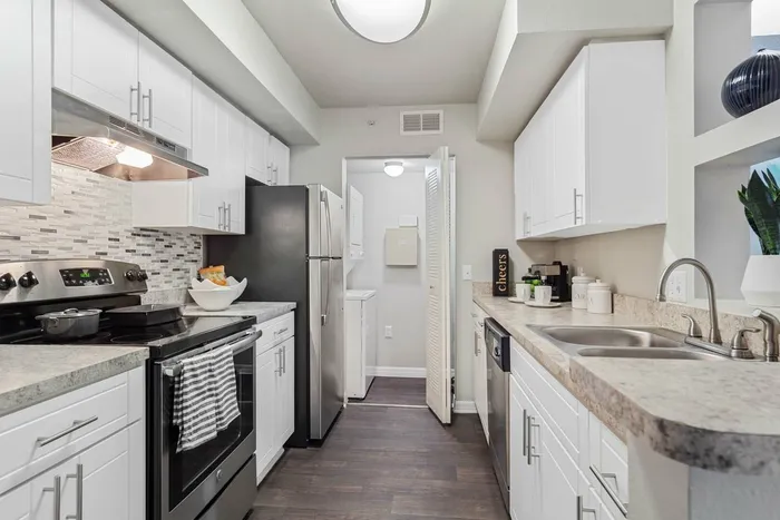 Kitchen with hardwood style flooring, stainless steel appliances, white cabinetry, tan and black mosiac backsplash