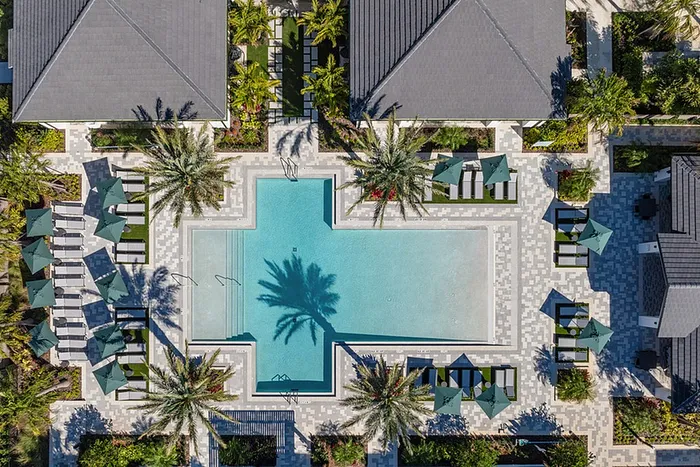 Expansive pool, sundeck, lounge chairs and palm trees