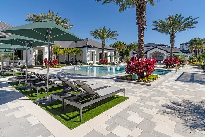 Expansive pool, sundeck, lounge chairs and palm trees