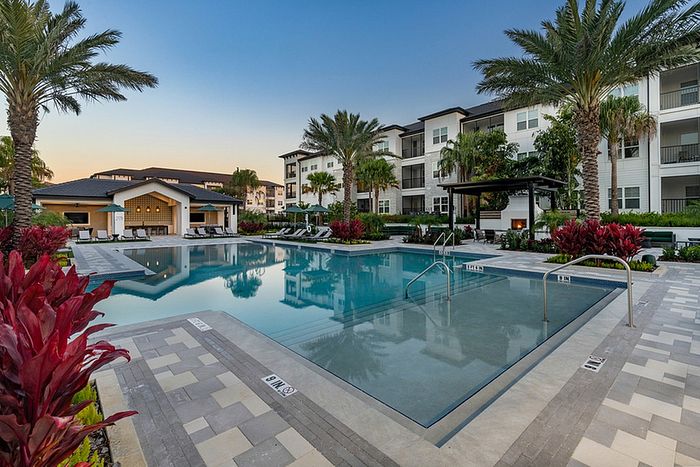 Expansive pool, sundeck, lounge chairs and palm trees