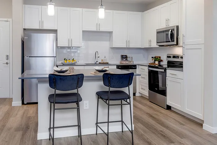 Modern kitchen featuring vinyl flooring stainless-steel appliances