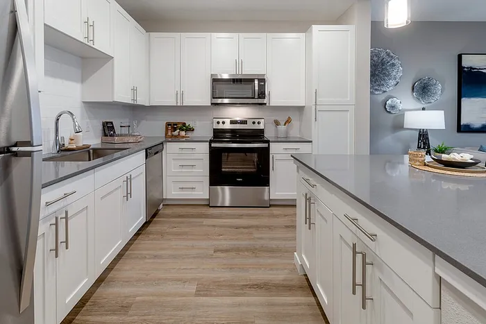 Modern kitchen featuring vinyl flooring stainless-steel appliances