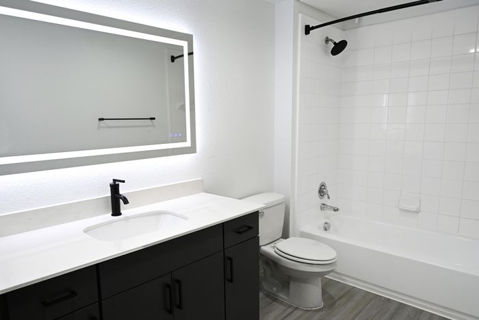 Bright and modern bathroom featuring an elegant vanity, and a spacious bathtub with sleek fixtures.
