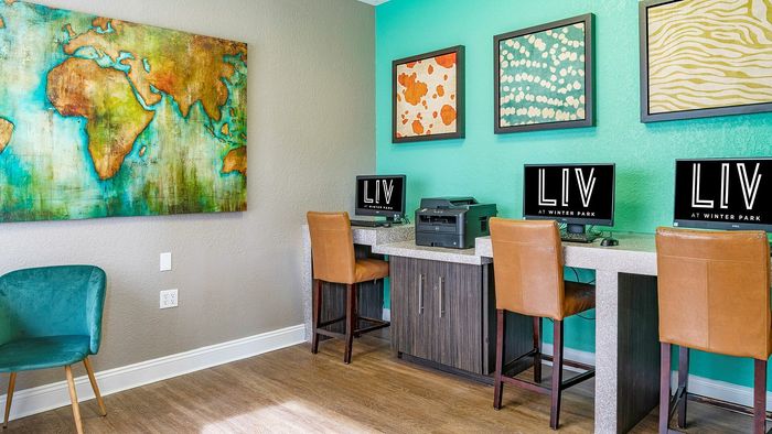 Vibrant co-working space at LIV at Winter Park, featuring modern workstations, colorful artwork, and comfortable seating for productivity and creativity.