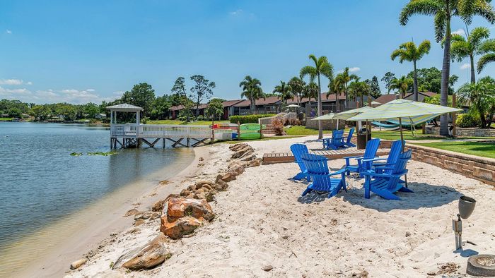 Tranquil lakeside retreat featuring a sandy beach, vibrant blue chairs, and lush palm trees, perfect for relaxation and leisure.