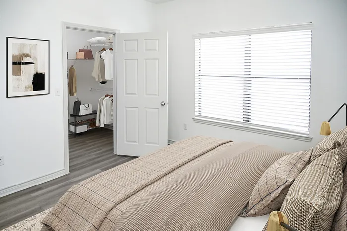Inviting bedroom with a cozy bed, modern decor, and a spacious walk-in closet offering ample storage.