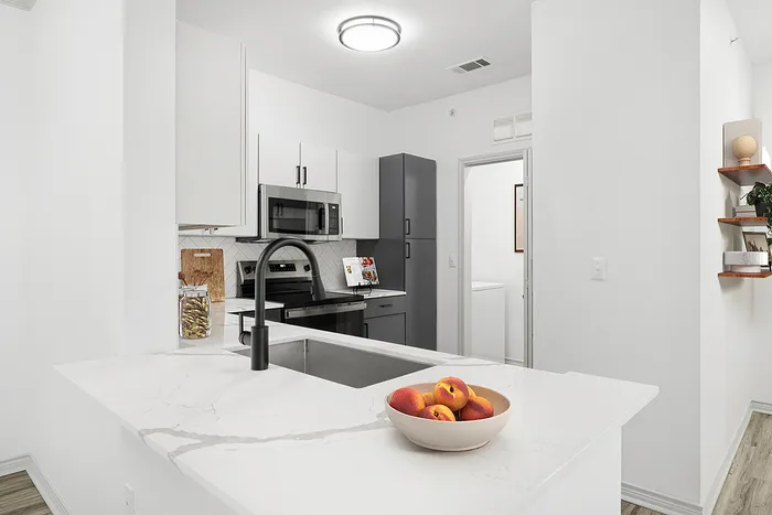 Sleek modern kitchen featuring glossy countertops, high-end appliances, and chic shelving in a bright, inviting space.