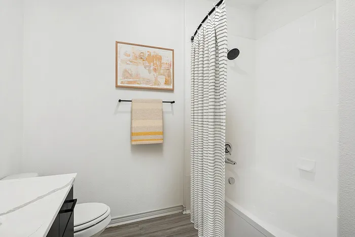 Elegant bathroom featuring a sleek white bathtub with a modern striped shower curtain, complemented by a stylish vanity and tasteful wall art.