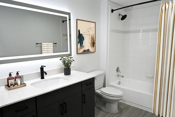 Modern bathroom with sleek black fixtures, illuminated mirror, and elegant decor, creating a serene and stylish space.