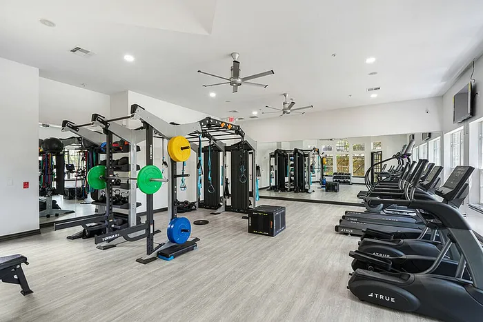 Modern fitness center with state-of-the-art equipment, natural light, and spacious workout area designed for comfort and efficiency.