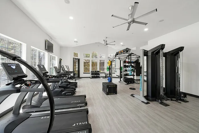 Spacious and modern fitness center equipped with treadmills, weight machines, and exercise stations, highlighting a bright and inviting workout environment.
