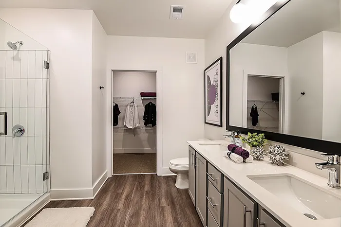 Elegant bathroom featuring a large mirror, double sink vanity, modern shower, and open walk-in closet with stylish decor.
