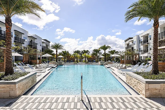 Luxurious swimming pool with elegant lounge chairs and lush palm trees at a modern apartment community..