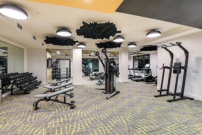 Modern fitness center with state-of-the-art equipment, sleek design, and vibrant flooring, offering an energizing workout environment.