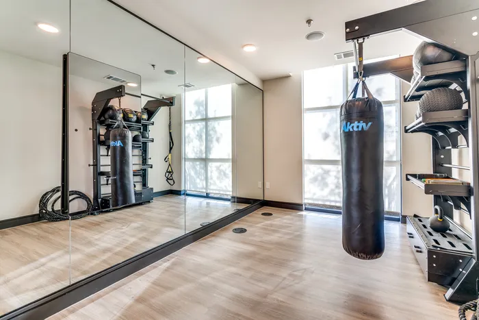 Modern home gym with full-length mirrors, punching bag, and sleek shelving for fitness equipment.