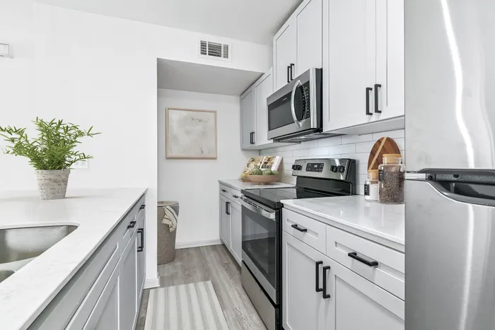 White quartz counter tops, wooden floors, stainless appliances, wall art, counter plant, and hamper.