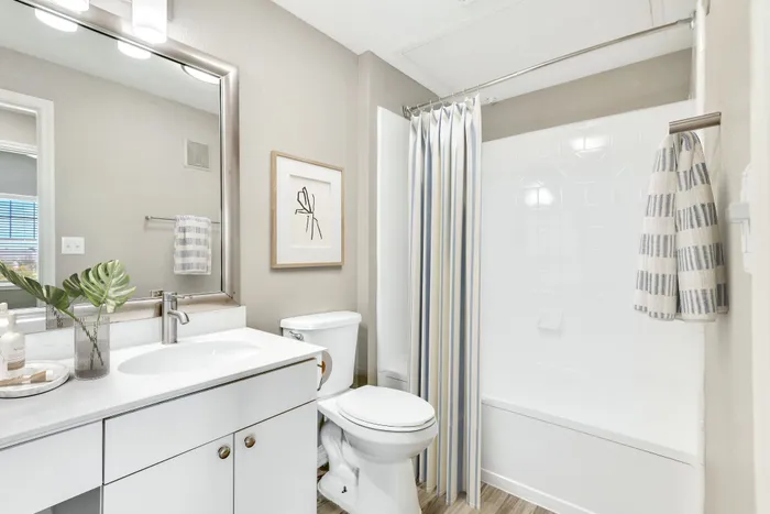 Bright, elegant bathroom with modern fixtures, subtle decor, and a sleek shower area.