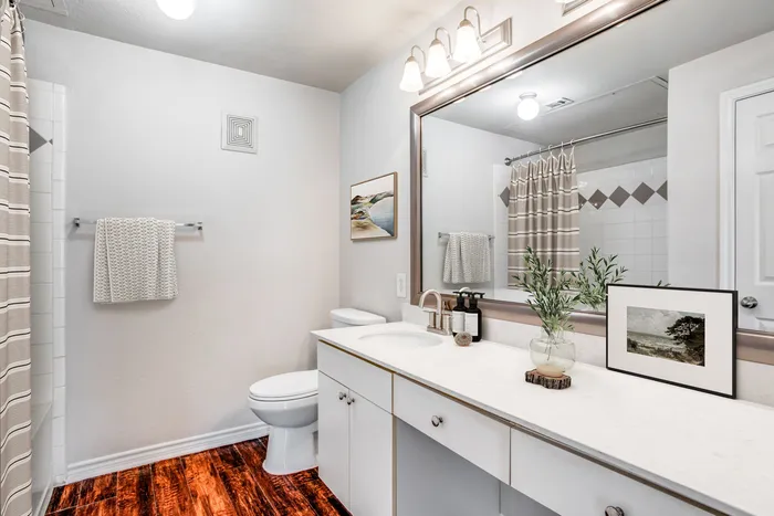 Elegant bathroom with contemporary design, featuring a white vanity, large mirror, and polished wooden floors. Accented with modern lighting and decorative art for a serene ambiance.