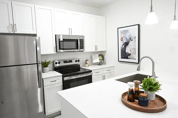 Kitchen with quartz counters, tabletop plant, pendant lighting, stainless appliances, white cabinets and wall art.