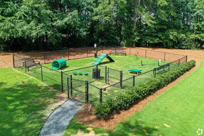 Inviting outdoor off-leash dog park surrounded by lush greenery, featuring agility equipment and a secure fenced environment.