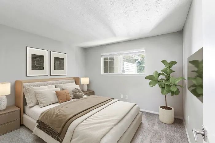 Cozy apartment bedroom with plush carpeting, modern furnishings, large window, and neutral color palette with natural light.