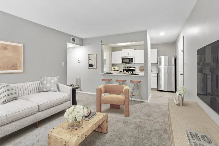 Open-concept apartment living room with plush carpeting, modern furnishings, breakfast bar seating, and kitchen with stainless steel appliances.