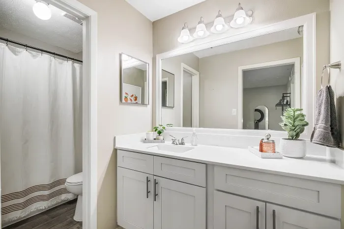 Spacious apartment bathroom with large mirror, modern lighting, and shower-tub combo with neutral finishes.