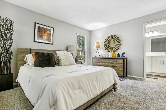 Spacious apartment bedroom with plush carpeting, modern decor, large bed, natural light, and en-suite bathroom access.