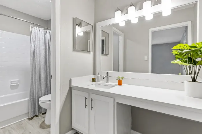 Modern apartment bathroom with extended vanity, large mirror, bright lighting, and shower-tub combo with neutral finishes.