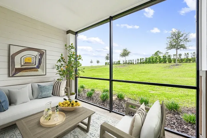 Charming screened patio with stylish decor, vibrant green lawn view, and cozy seating area for relaxation.