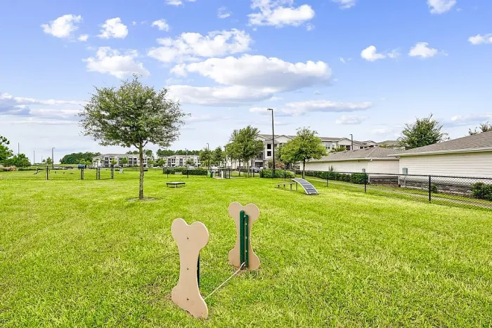 Spacious fenced dog park with open grassy areas, agility equipment, and seating, set within a landscaped apartment community under a bright, partly cloudy sky.