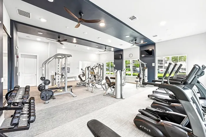 Large, modern fitness center with a variety of cardio and strength equipment, free weights, and spacious layout with high ceilings and natural light.